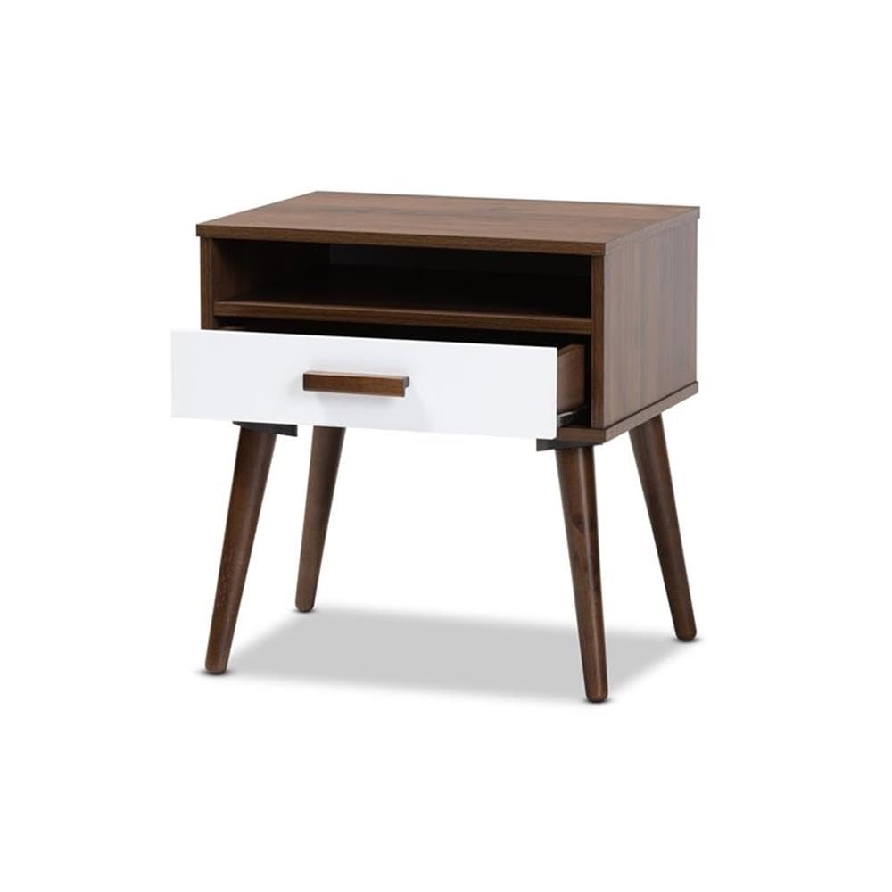 Baxton Studio Quinn Mid-Century Modern Two-Tone White and Walnut Finished 1-Drawer Wood End Table